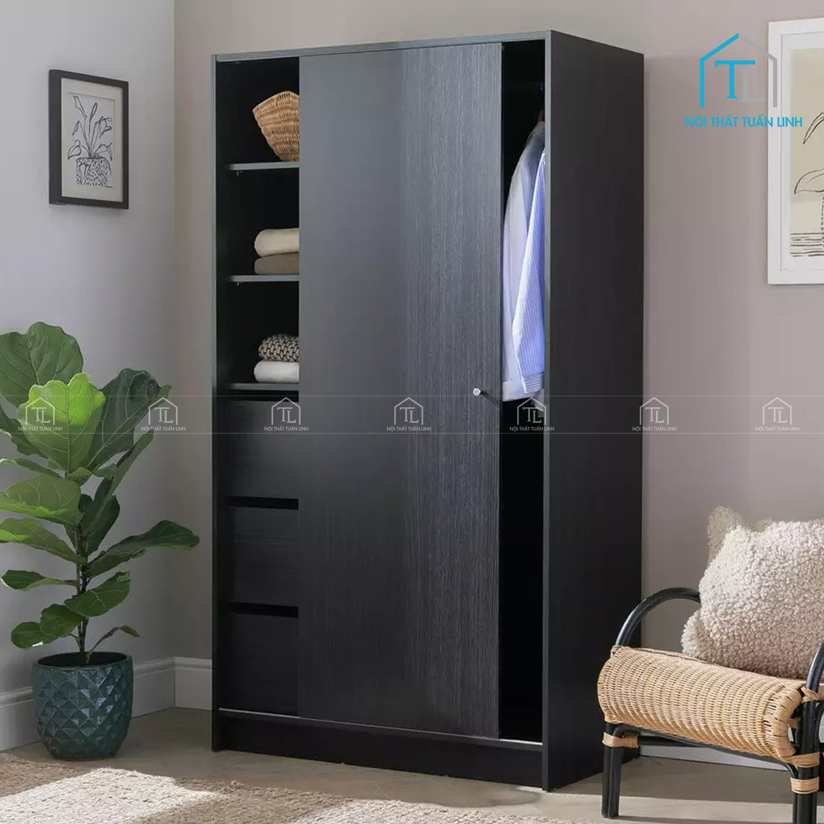Tủ quần áo 1 cánh cửa lùa gỗ MDF màu đen