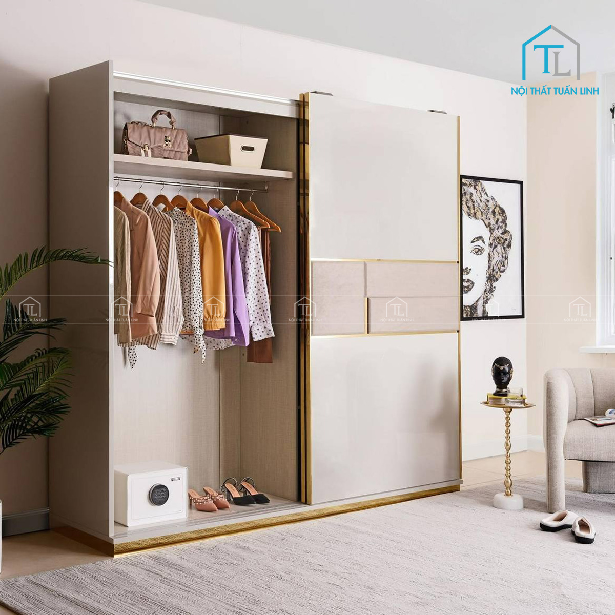 Tủ quần áo 2 cánh cửa lùa gỗ MDF màu xám cao cấp