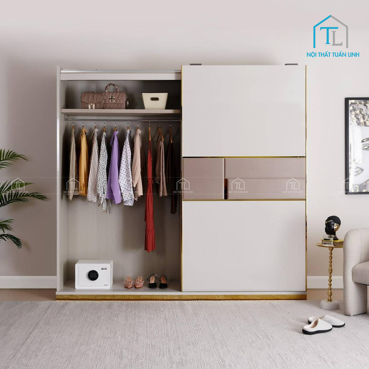 Tủ quần áo 2 cánh cửa lùa gỗ MDF màu xám cao cấp