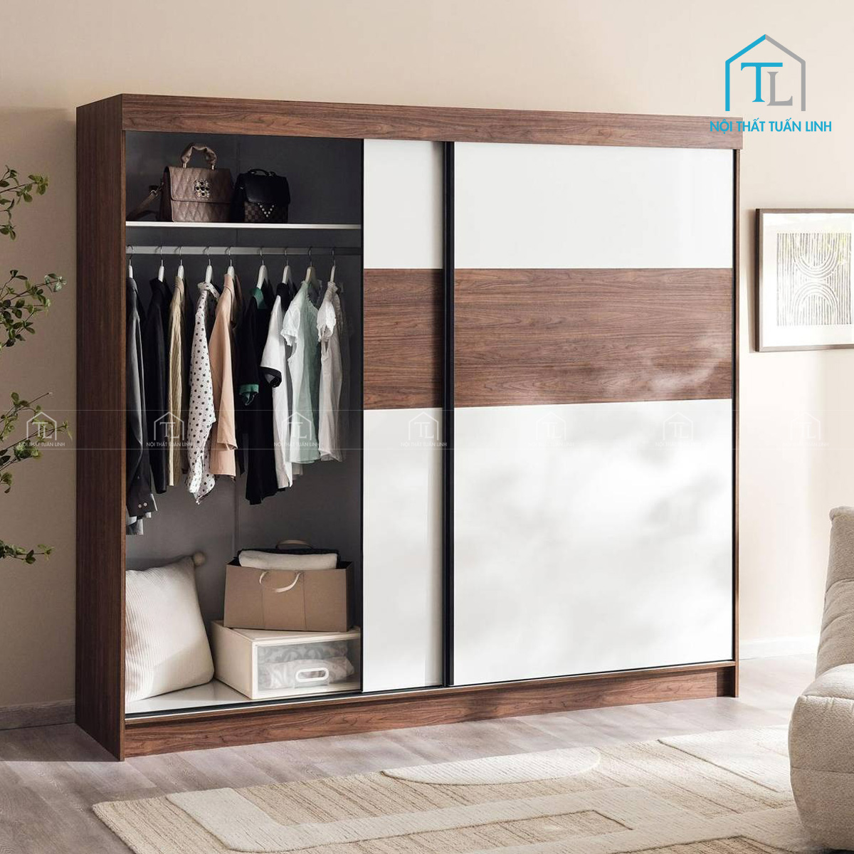 Tủ quần áo 2 cánh cửa lùa gỗ MDF vân gỗ óc chó cao cấp