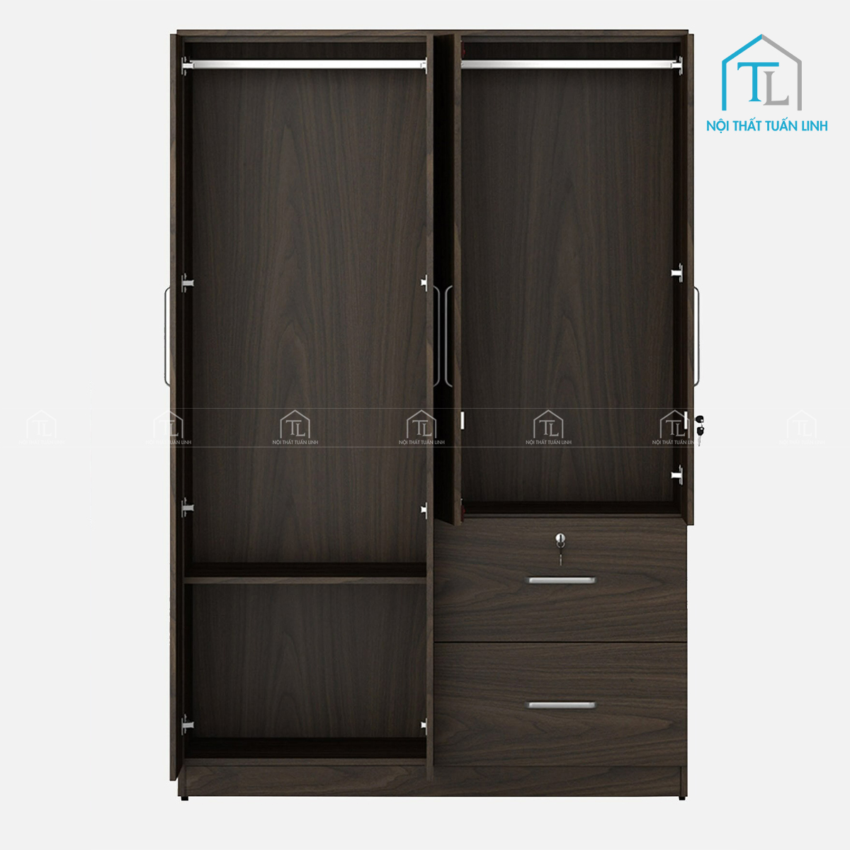 Tủ quần áo 2 cánh gỗ công nghiệp màu óc chó hiện đại có ngăn kéo