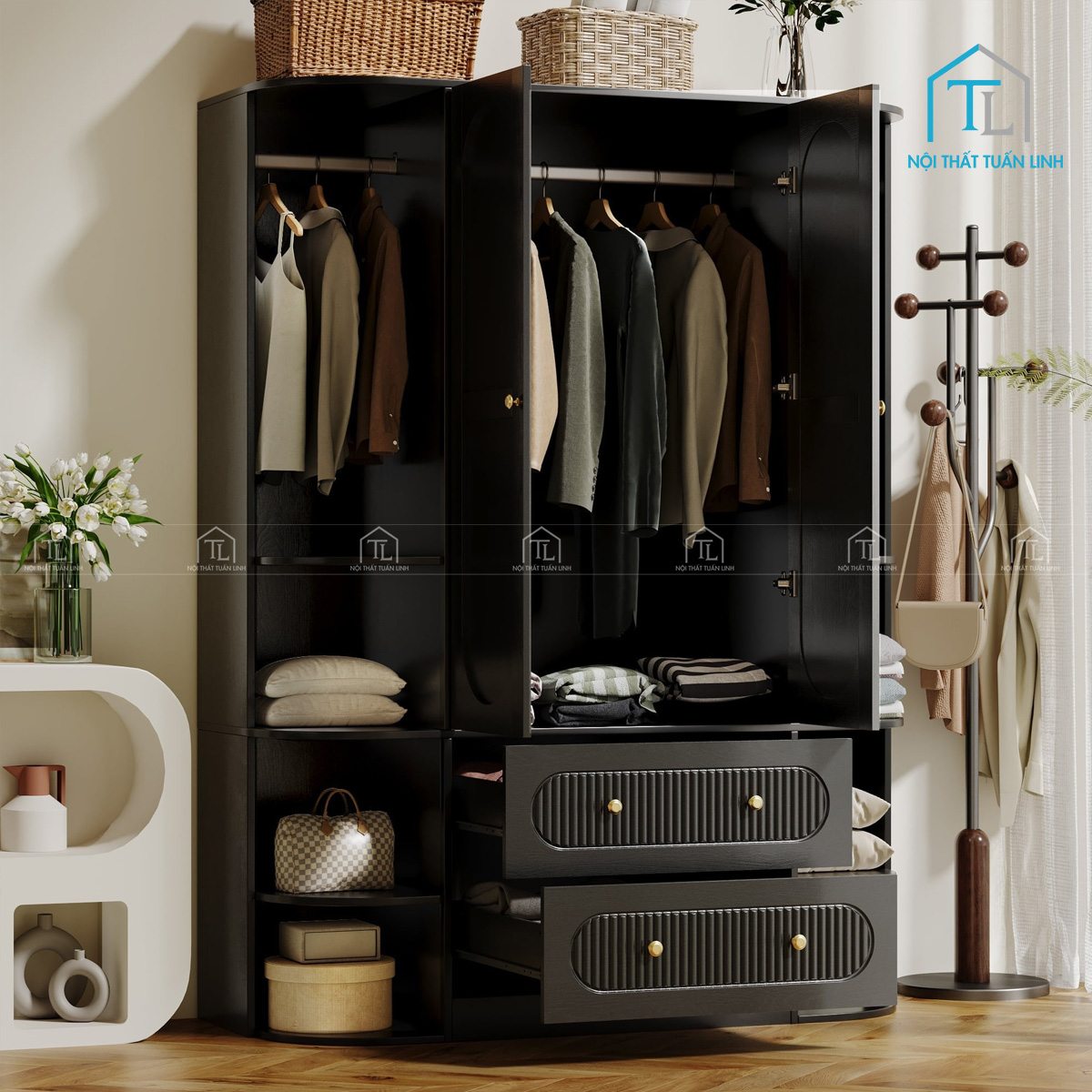 Tủ quần áo 2 cánh gỗ MDF phủ melamine màu đen thiết kế sọc đứng hiện đại