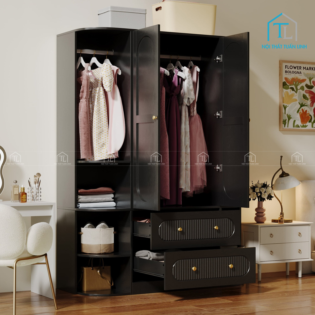 Tủ quần áo 2 cánh gỗ MDF phủ melamine màu đen thiết kế sọc đứng hiện đại