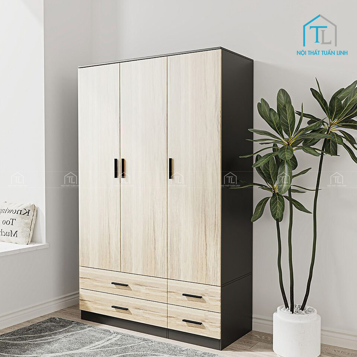 Tủ quần áo 3 cánh 4 ngăn kéo gỗ công nghiệp hiện đại