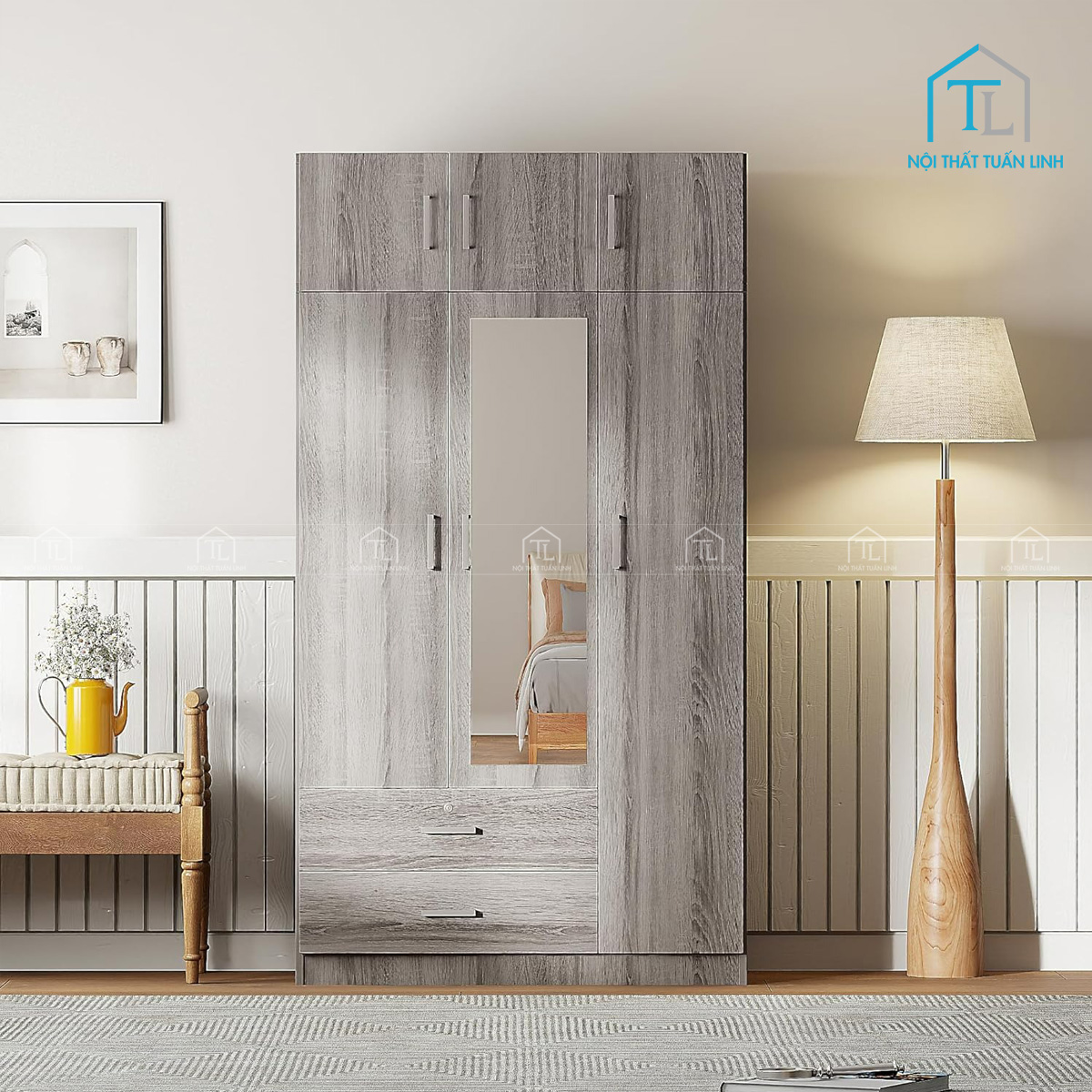 Tủ quần áo 3 cánh có gương gỗ MDF tích hợp ngăn kéo