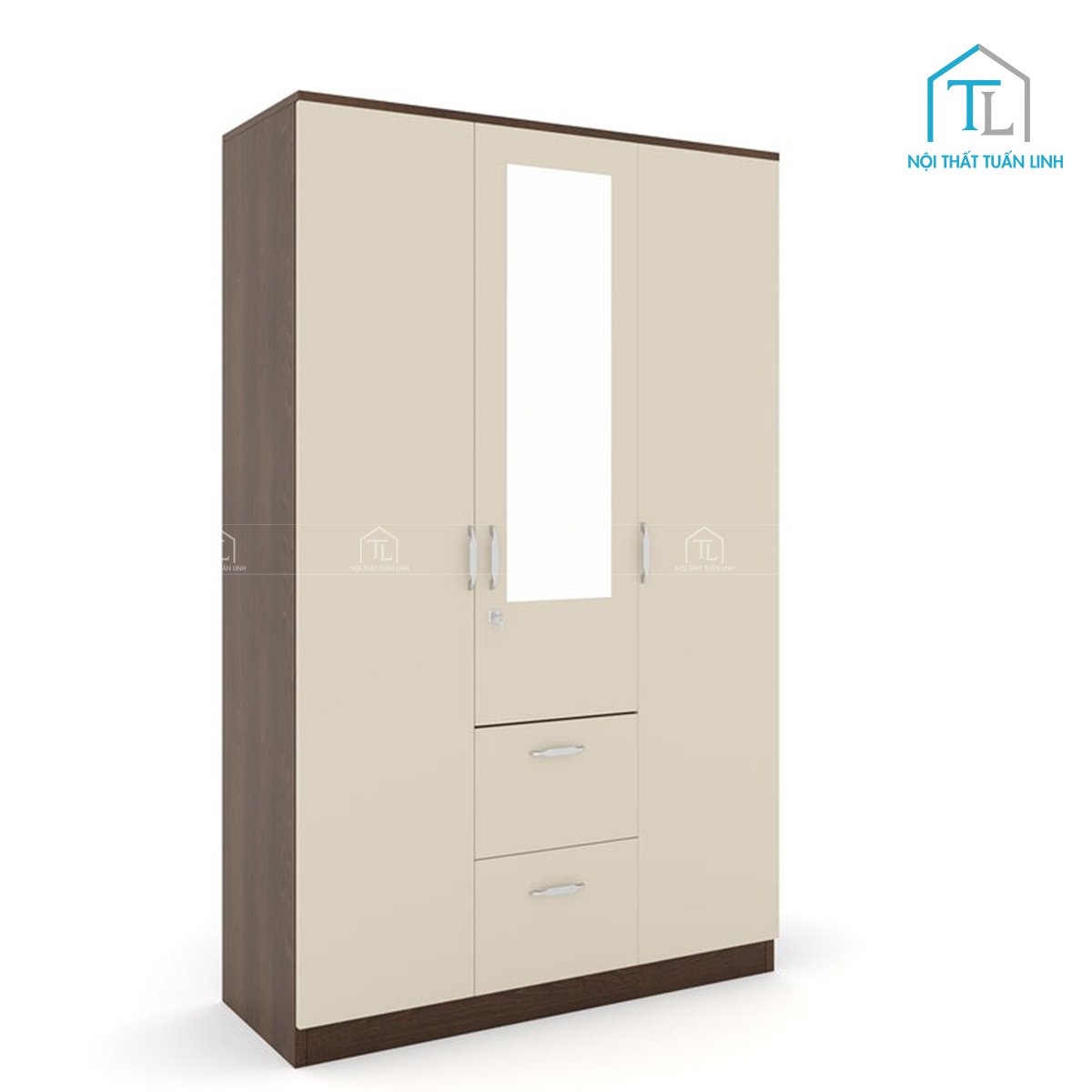 Tủ quần áo 3 cánh gỗ công nghiệp màu walnut phối trắng tích hợp gương hiện đại