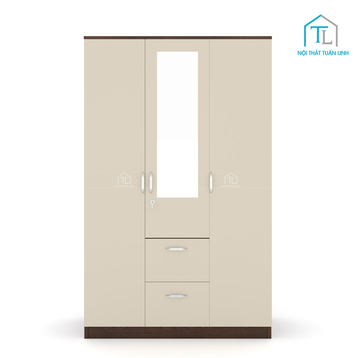 Tủ quần áo 3 cánh gỗ công nghiệp màu walnut phối trắng tích hợp gương hiện đại