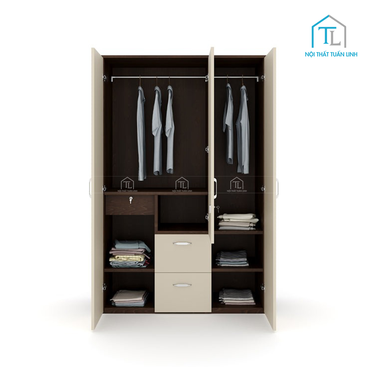 Tủ quần áo 3 cánh gỗ công nghiệp màu walnut phối trắng tích hợp gương hiện đại