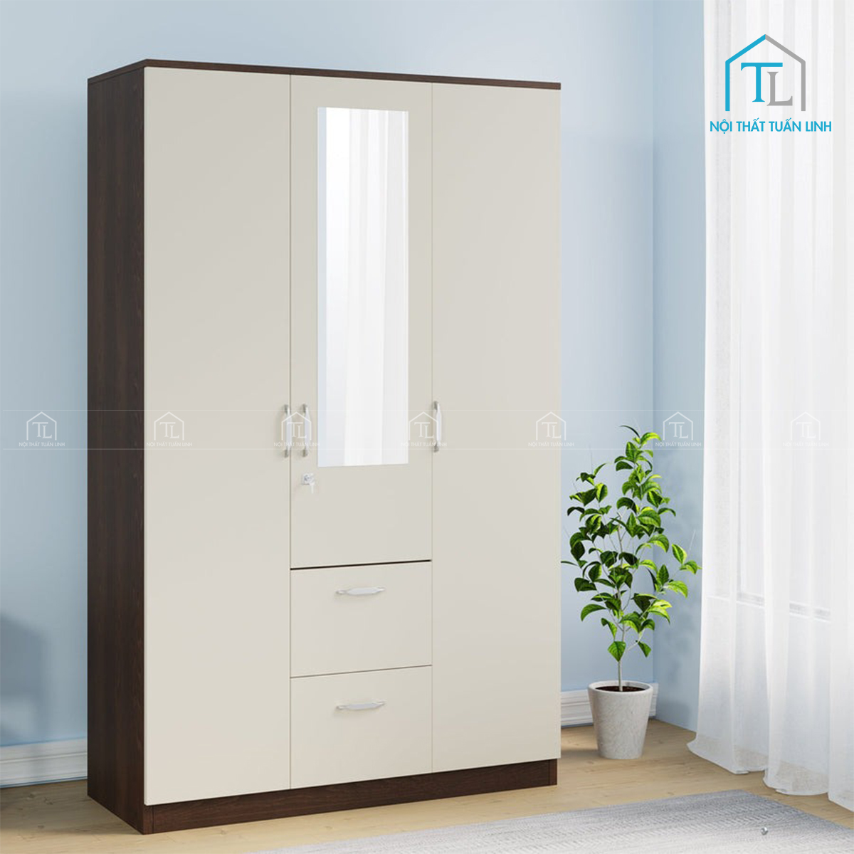Tủ quần áo 3 cánh gỗ công nghiệp màu walnut phối trắng tích hợp gương hiện đại