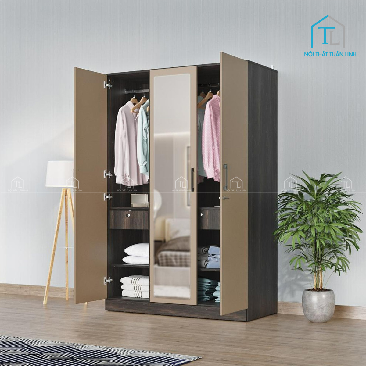 Tủ quần áo 3 cánh gỗ MDF màu gỗ phong phối be sữa có gương