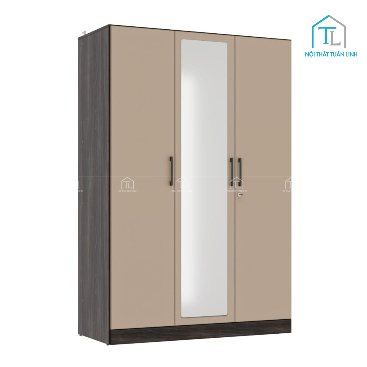 Tủ quần áo 3 cánh gỗ MDF màu gỗ phong phối be sữa có gương