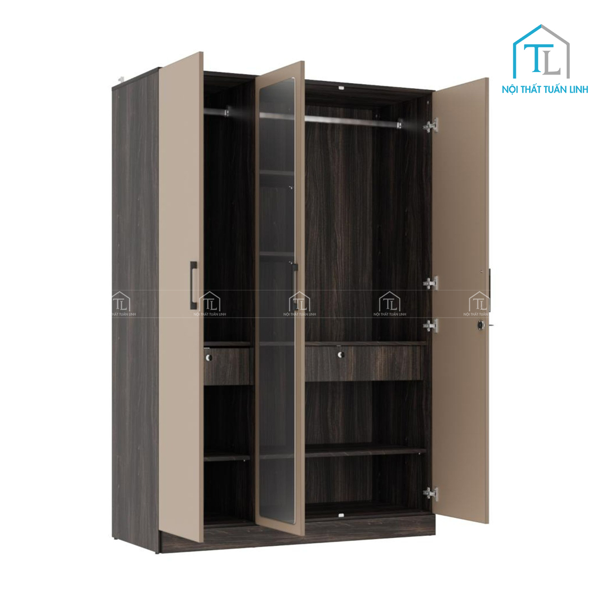 Tủ quần áo 3 cánh gỗ MDF màu gỗ phong phối be sữa có gương