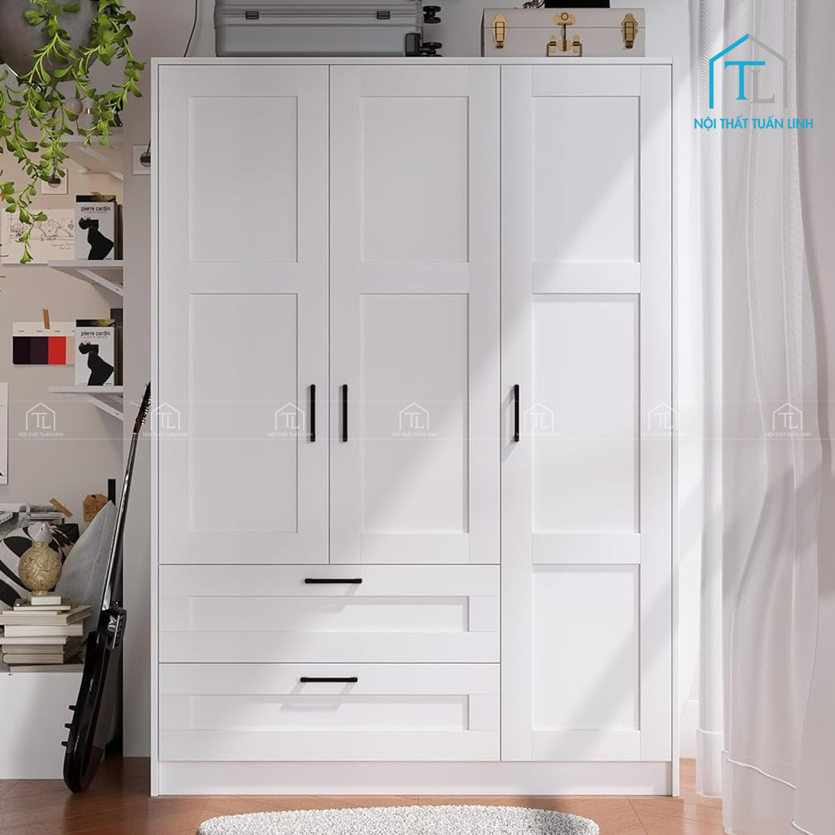 Tủ quần áo 3 cánh gỗ MDF màu trắng có ngăn kéo thiết kế hiện đại