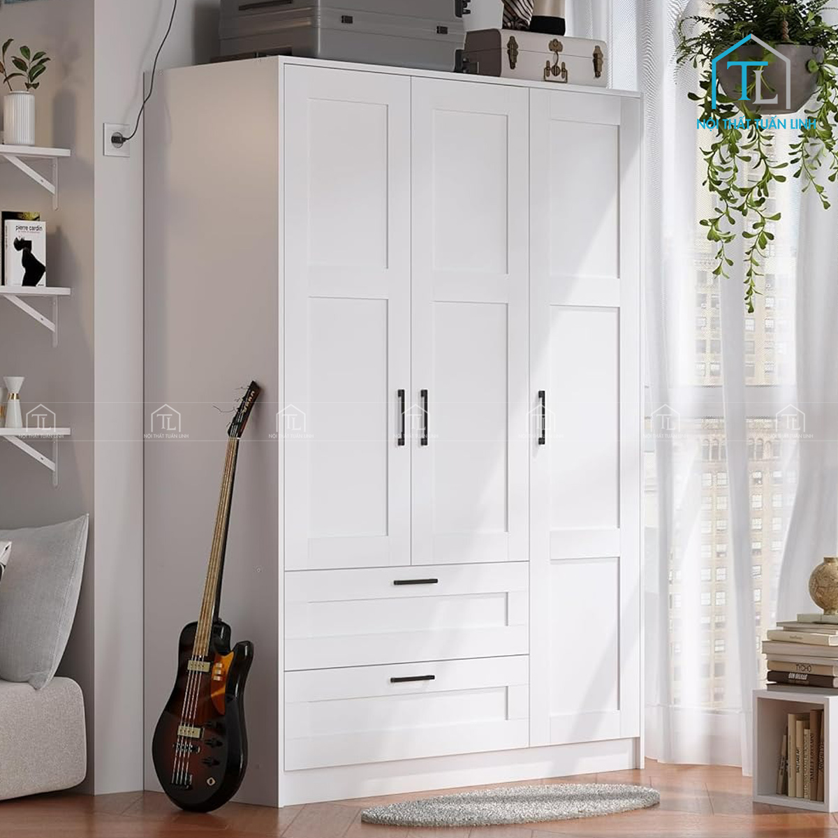 Tủ quần áo 3 cánh gỗ MDF màu trắng có ngăn kéo thiết kế hiện đại
