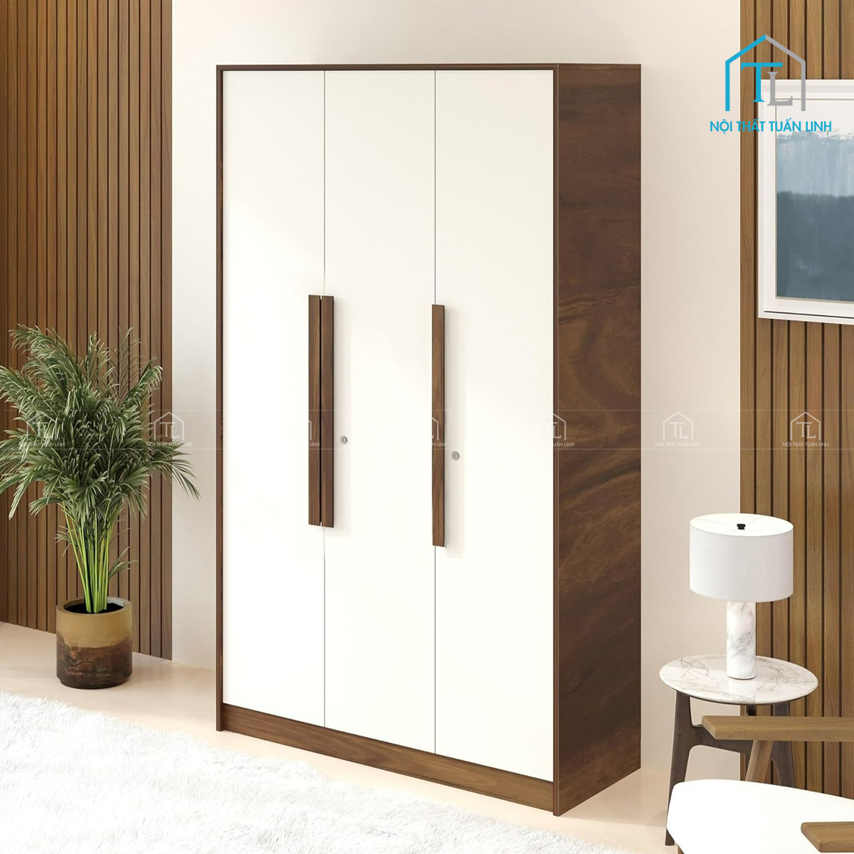 Tủ quần áo 3 cánh gỗ MDF phủ melamine màu nâu gỗ phối trắng