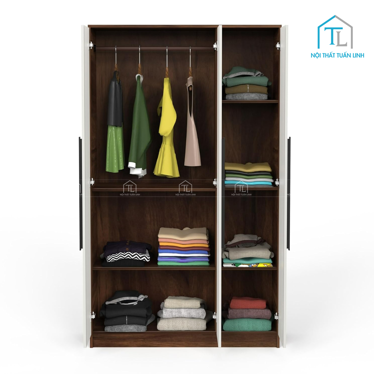 Tủ quần áo 3 cánh gỗ MDF phủ melamine màu nâu gỗ phối trắng
