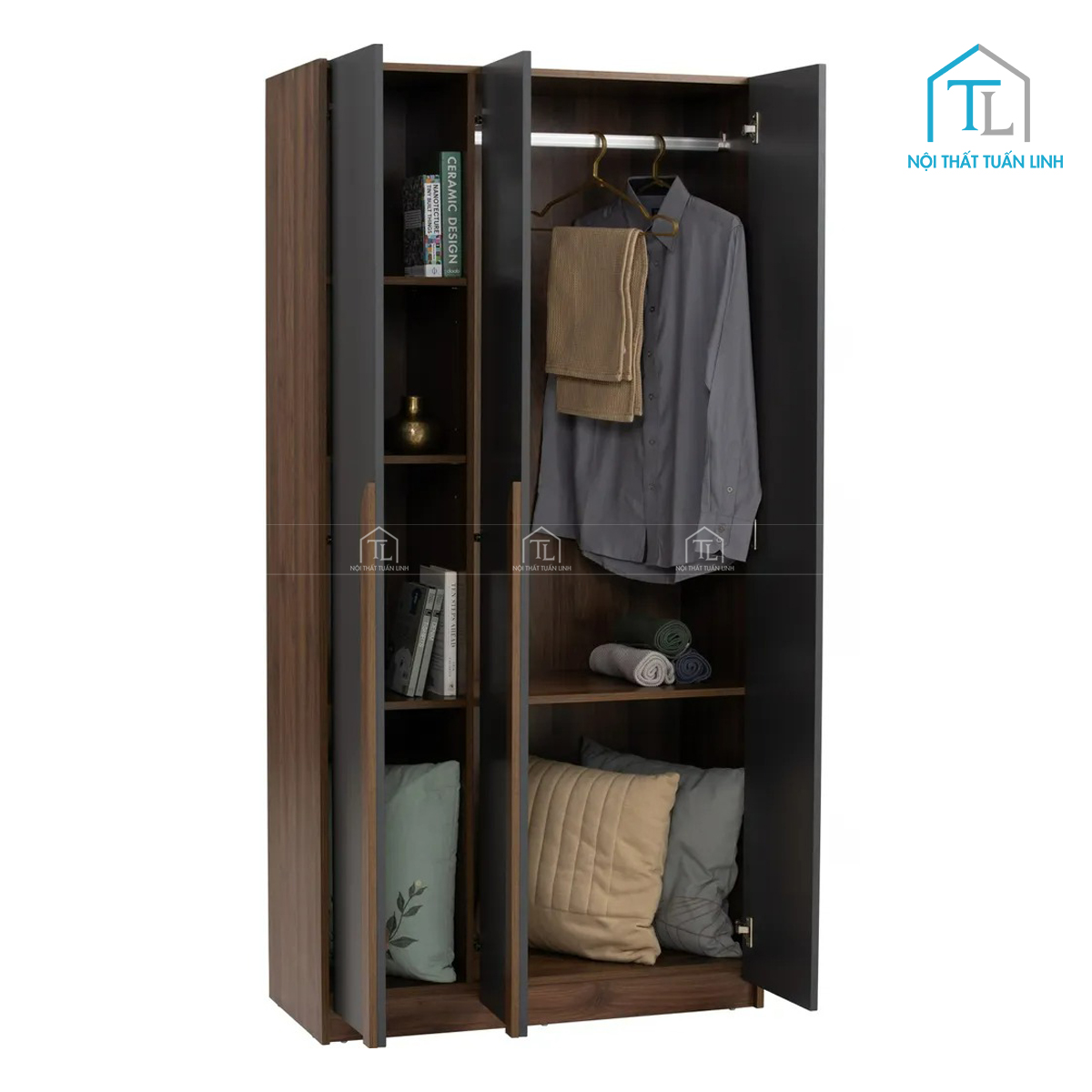 Tủ quần áo 3 cánh gỗ MDF phủ melamine màu nâu walnut thiết kế retro hiện đại