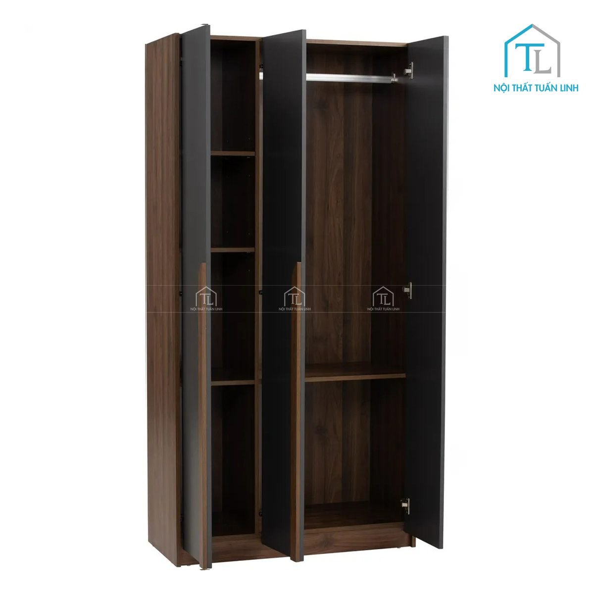 Tủ quần áo 3 cánh gỗ MDF phủ melamine màu nâu walnut thiết kế retro hiện đại