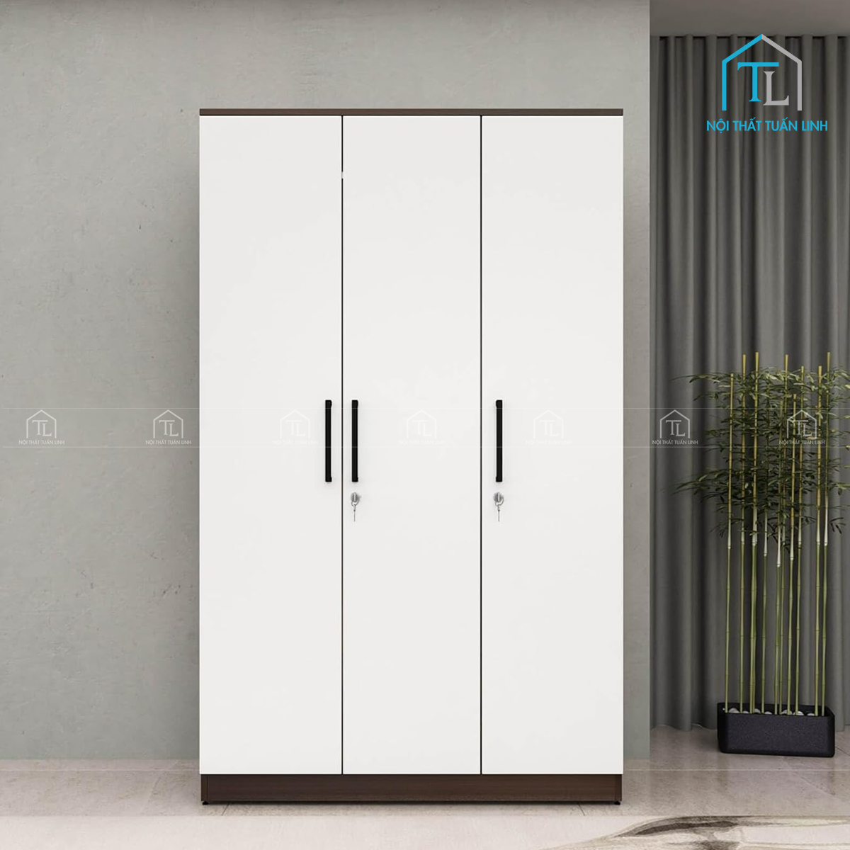 Tủ quần áo 3 cánh gỗ MDF phủ melamine màu trắng thiết kế hiện đại