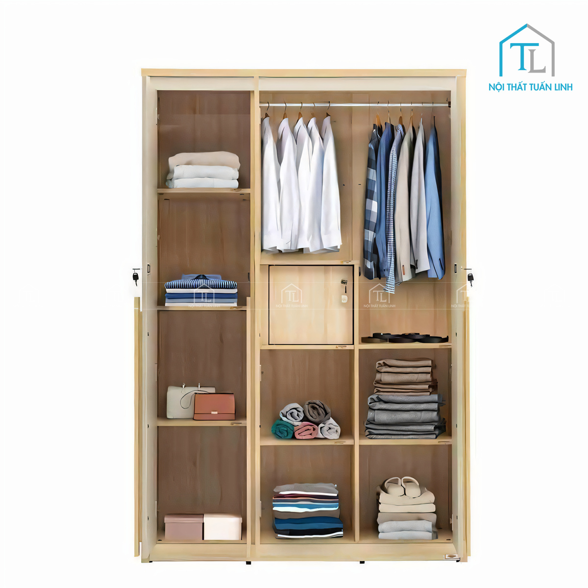 Tủ quần áo 3 cánh gỗ MDF phủ melamine thiết kế tiện lợi