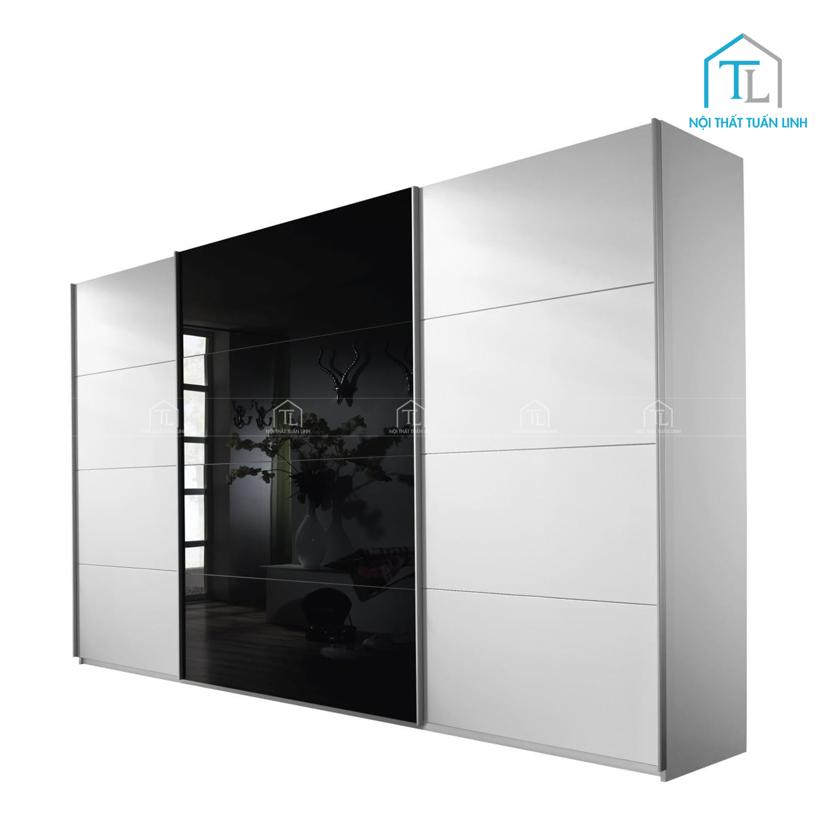 Tủ quần áo 3 cánh lùa gỗ MDF kính đen hiện đại