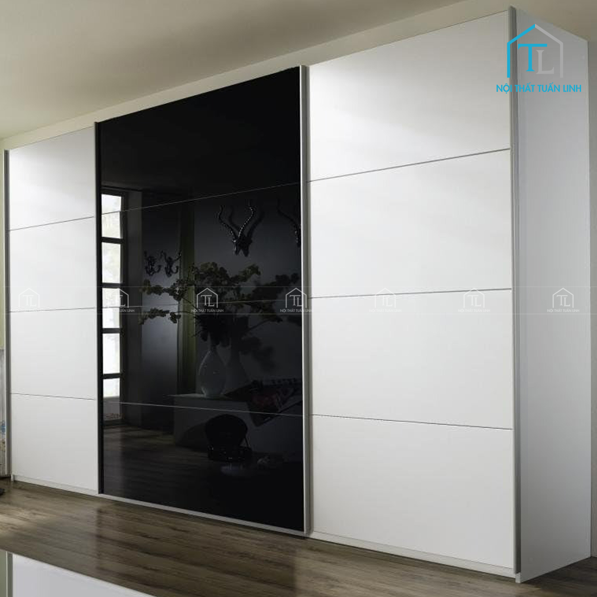 Tủ quần áo 3 cánh lùa gỗ MDF kính đen hiện đại