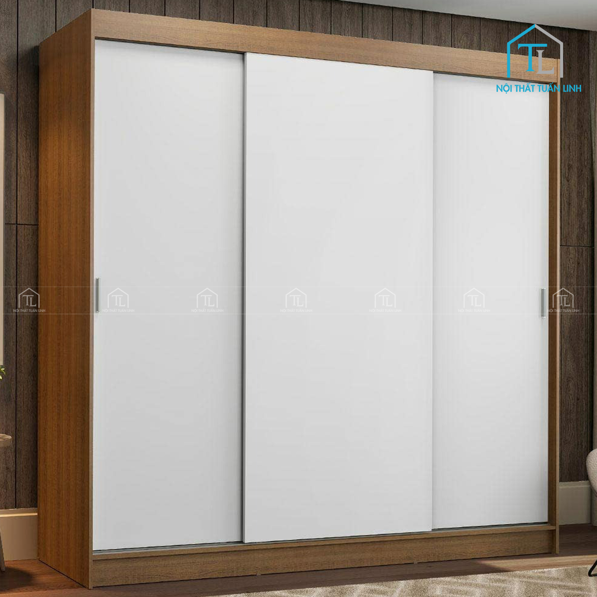 Tủ quần áo 3 cánh lùa gỗ MDF màu nâu trắng thiết kế tiện lợi cho phòng ngủ