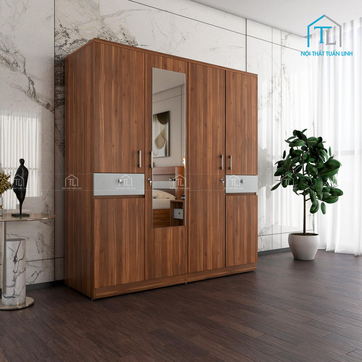 Tủ quần áo 4 cánh gỗ MDF có gương màu walnut, thiết kế hiện đại