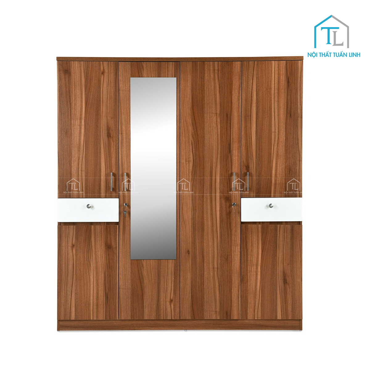 Tủ quần áo 4 cánh gỗ MDF có gương màu walnut, thiết kế hiện đại