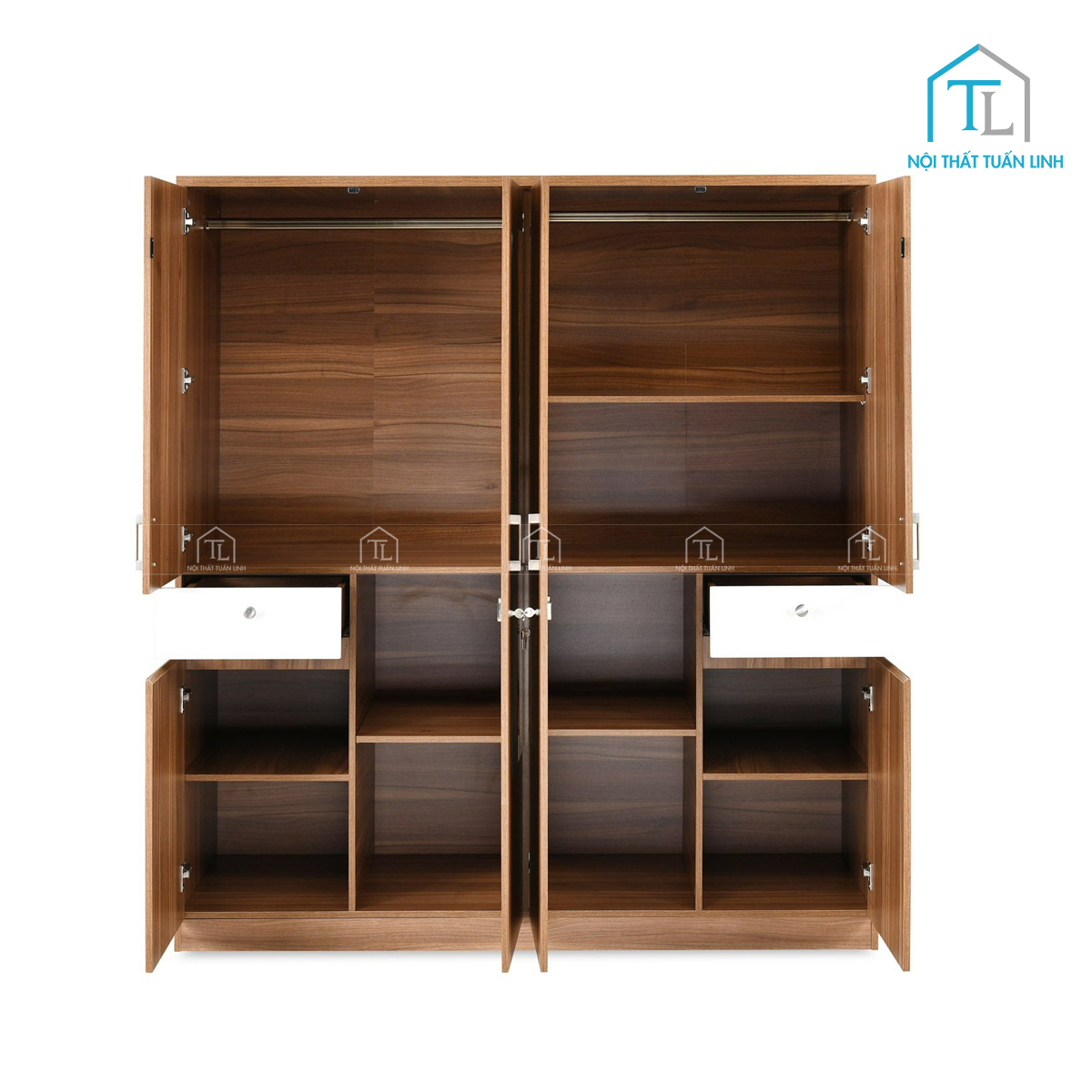 Tủ quần áo 4 cánh gỗ MDF có gương màu walnut, thiết kế hiện đại