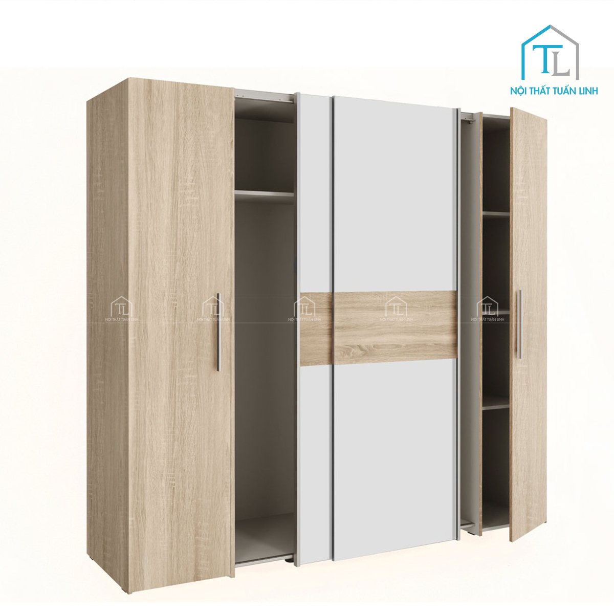 Tủ quần áo 4 cánh cửa lùa kết hợp cánh mở gỗ MDF vân sồi hiện đại