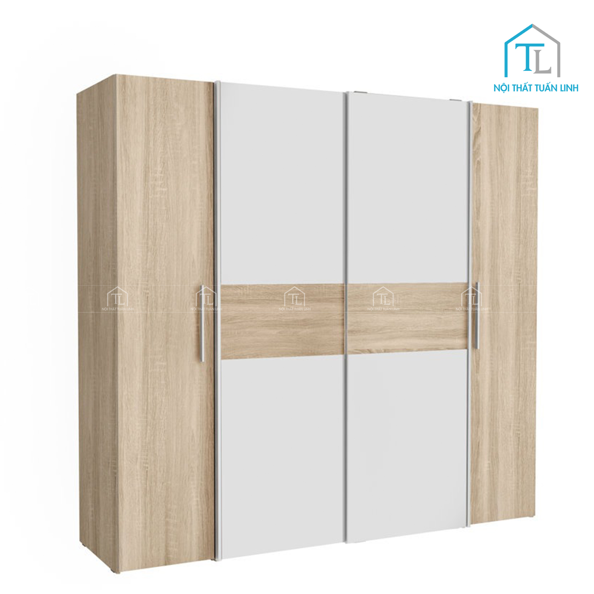 Tủ quần áo 4 cánh cửa lùa kết hợp cánh mở gỗ MDF vân sồi hiện đại