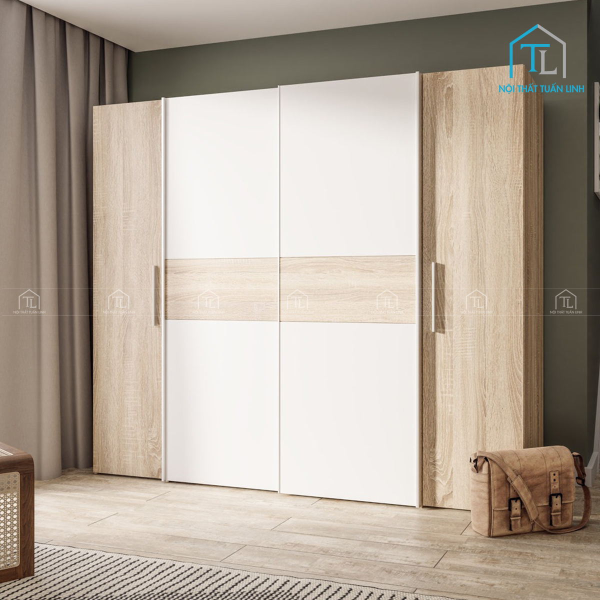 Tủ quần áo 4 cánh cửa lùa kết hợp cánh mở gỗ MDF vân sồi hiện đại