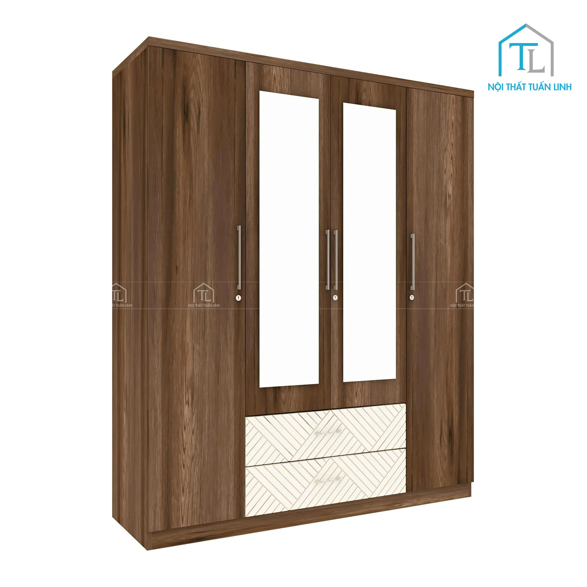 Tủ quần áo 4 cánh gỗ công nghiệp có gương màu nâu vân gỗ
