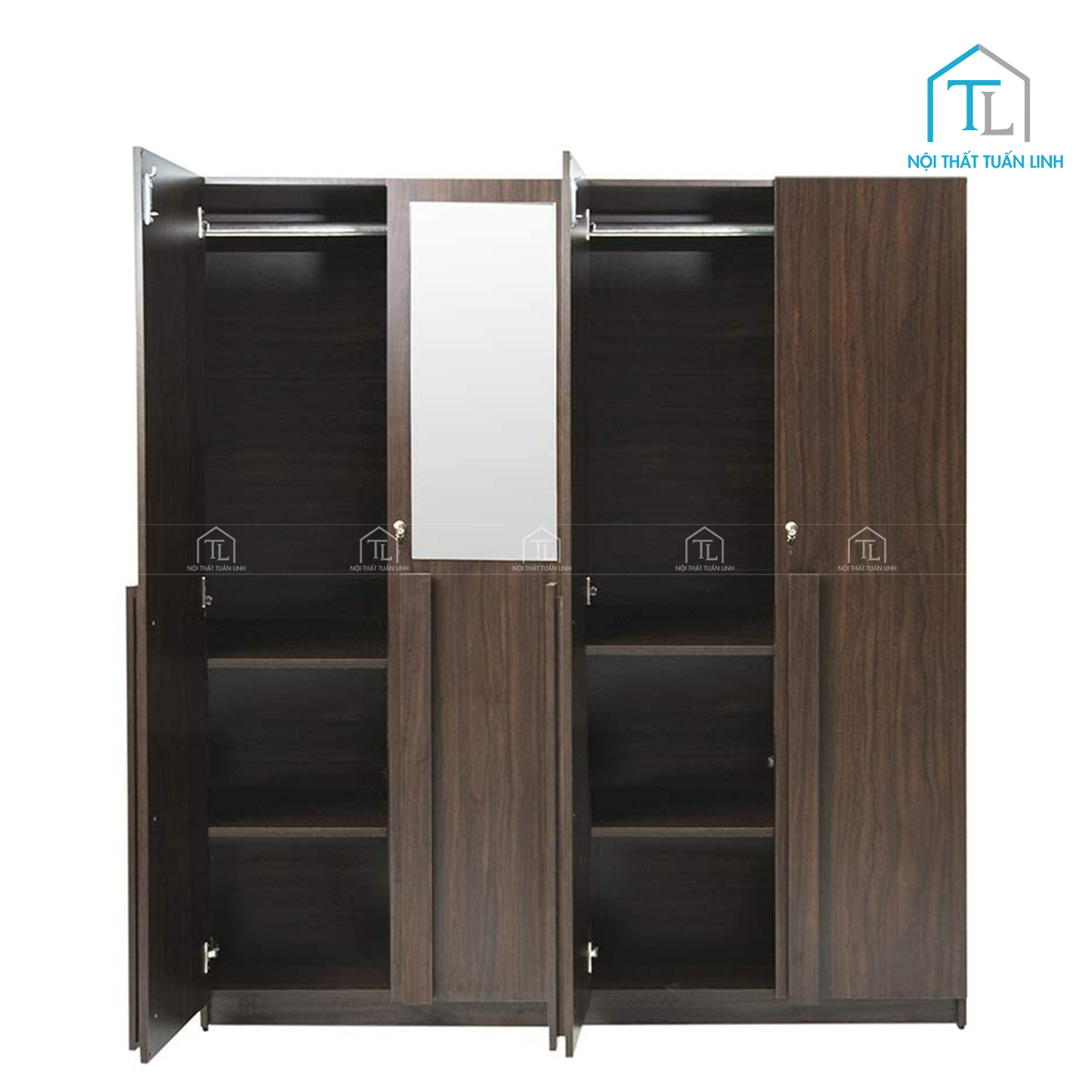 Tủ quần áo 4 cánh gỗ công nghiệp màu óc chó kèm gương soi tiện nghi (240 x 240 cm)