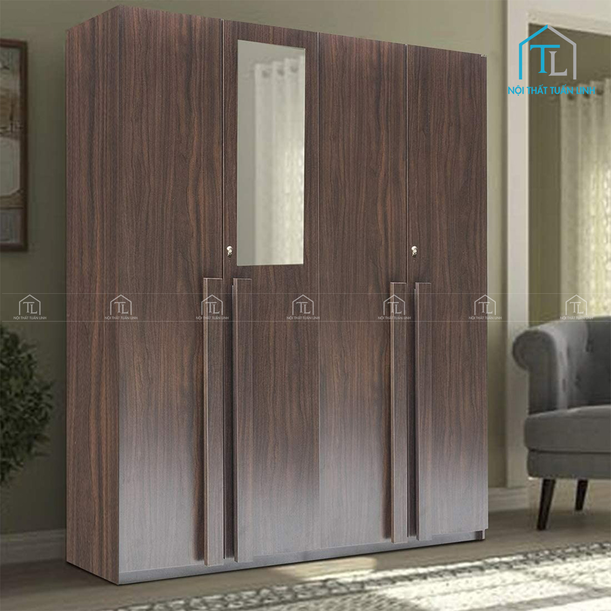 Tủ quần áo 4 cánh gỗ công nghiệp màu óc chó kèm gương soi tiện nghi
