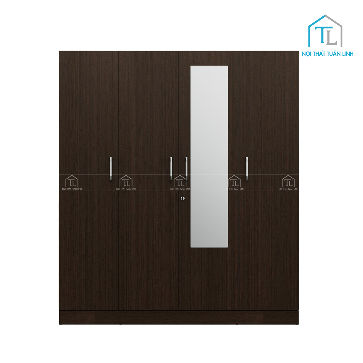 Tủ quần áo 4 cánh gỗ công nghiệp màu wenge có gương và ngăn kéo tiện lợi