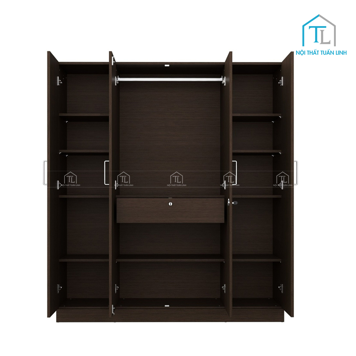 Tủ quần áo 4 cánh gỗ công nghiệp màu wenge có gương và ngăn kéo tiện lợi