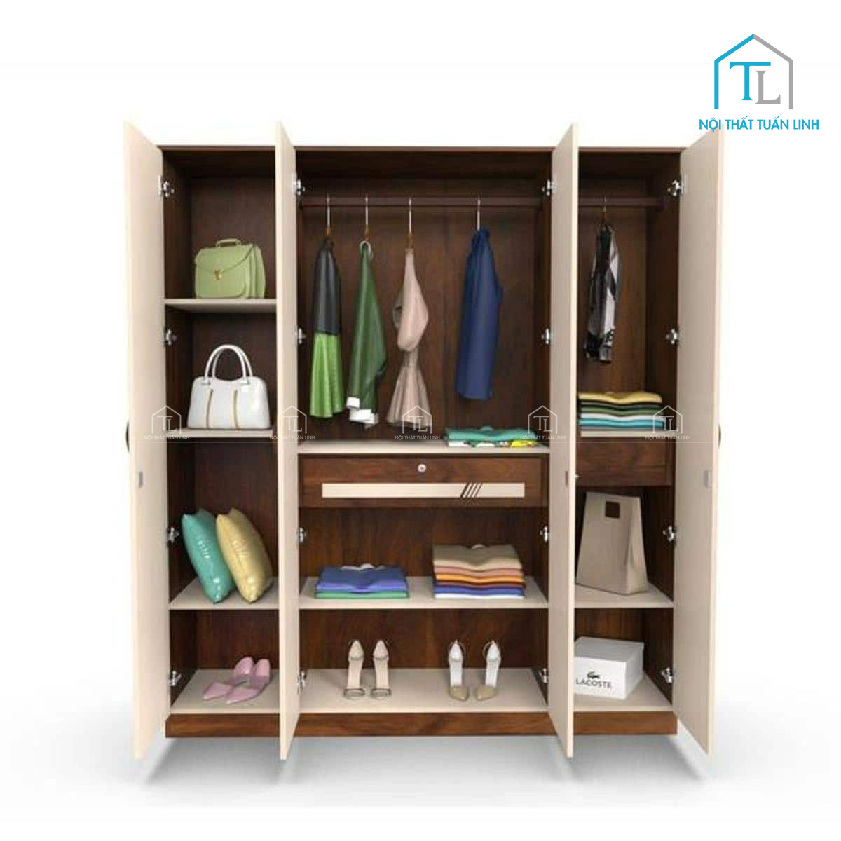Tủ quần áo 4 cánh gỗ công nghiệp thiết kế hiện đại màu nâu be