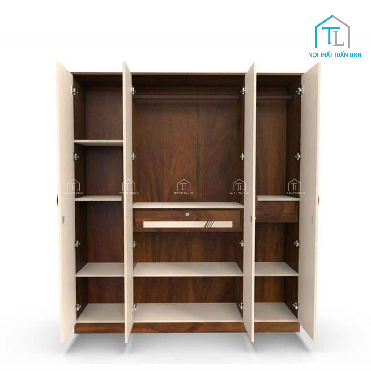 Tủ quần áo 4 cánh gỗ công nghiệp thiết kế hiện đại màu nâu be