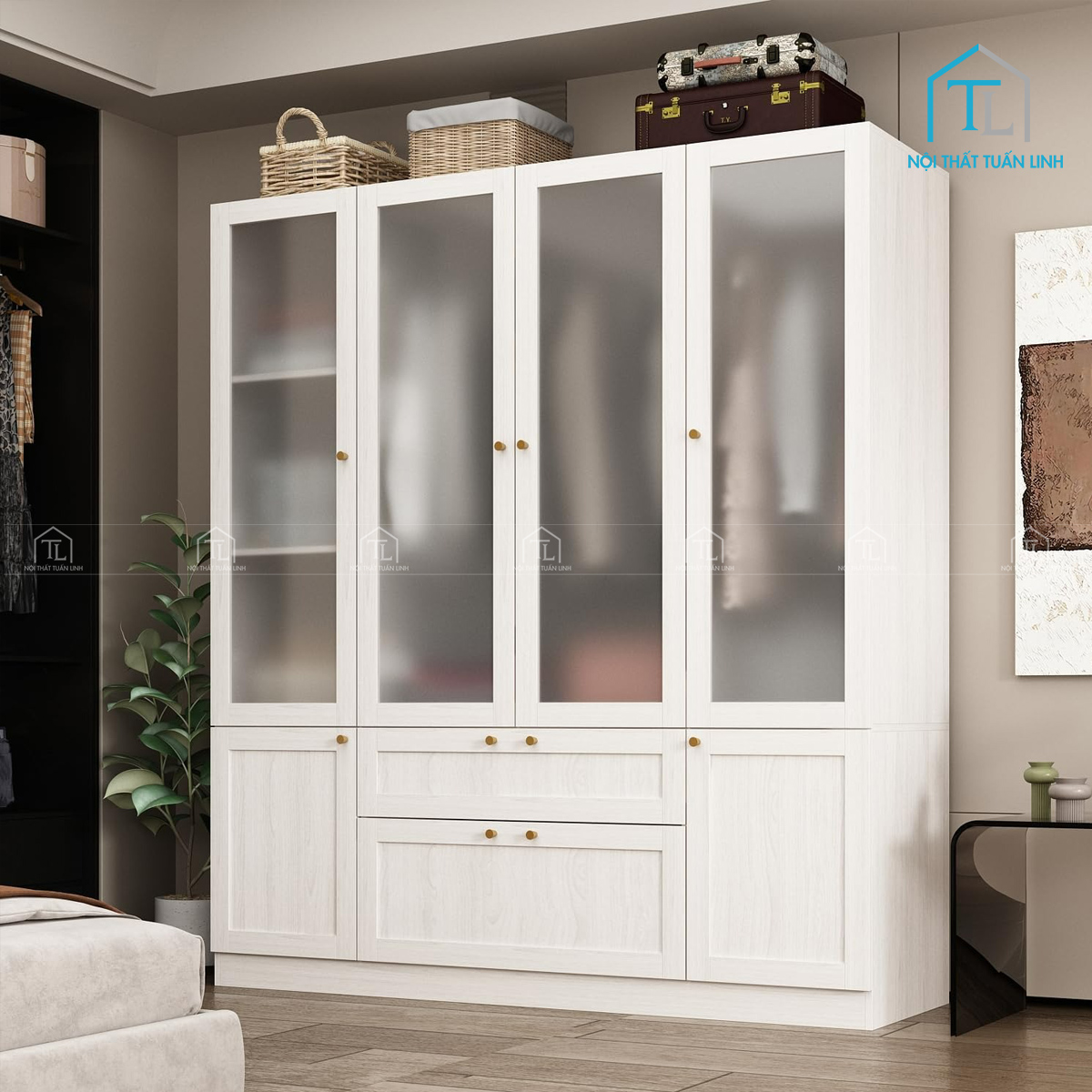 Tủ quần áo 4 cánh gỗ MDF cửa kính mờ thiết kế hiện đại, có ngăn kéo tiện lợi