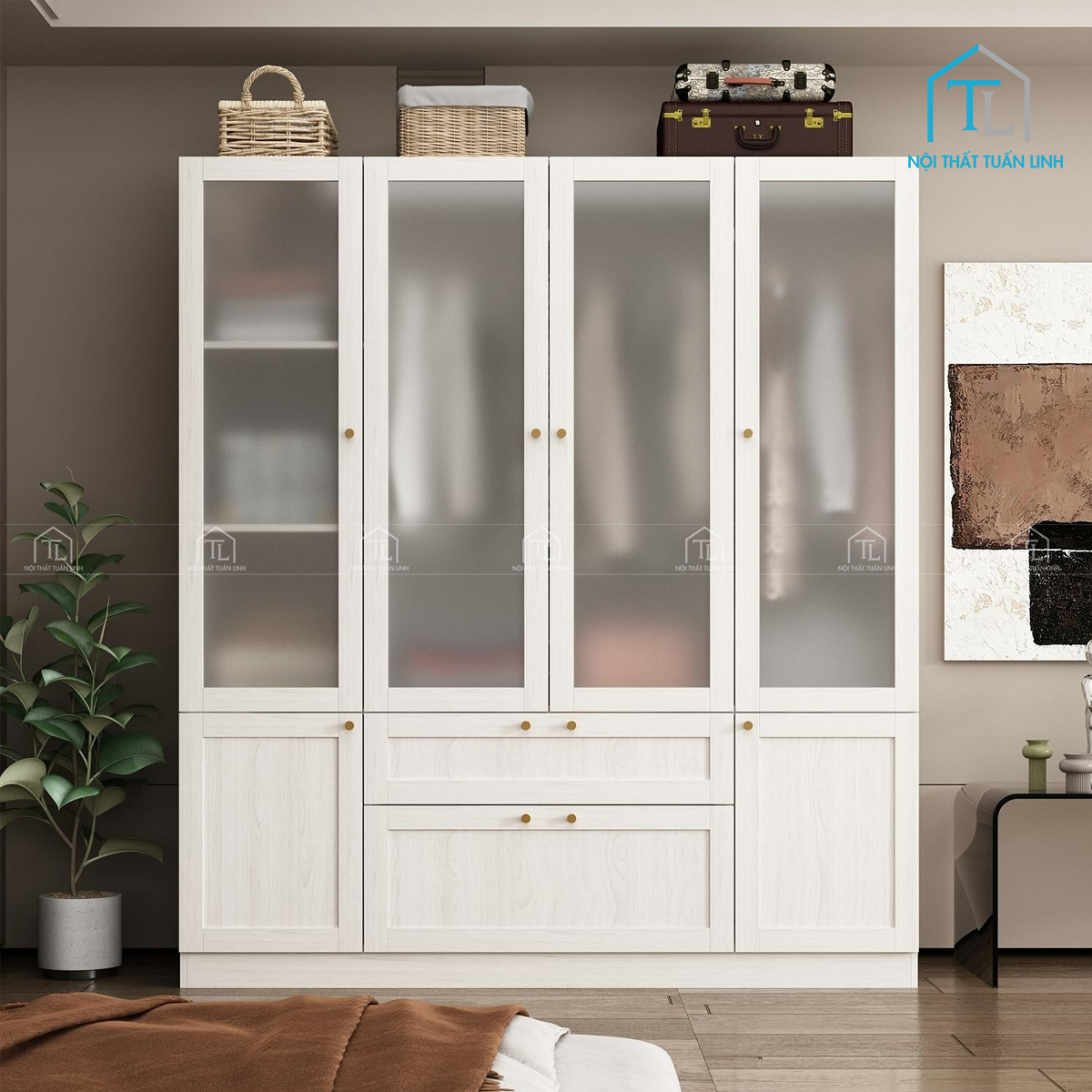 Tủ quần áo 4 cánh gỗ MDF cửa kính mờ thiết kế hiện đại, có ngăn kéo tiện lợi