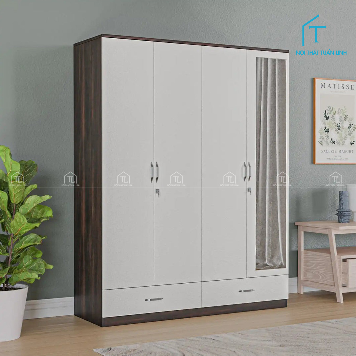 Tủ quần áo 4 cánh gỗ MDF màu gỗ óc chó phối trắng kèm gương hiện đại