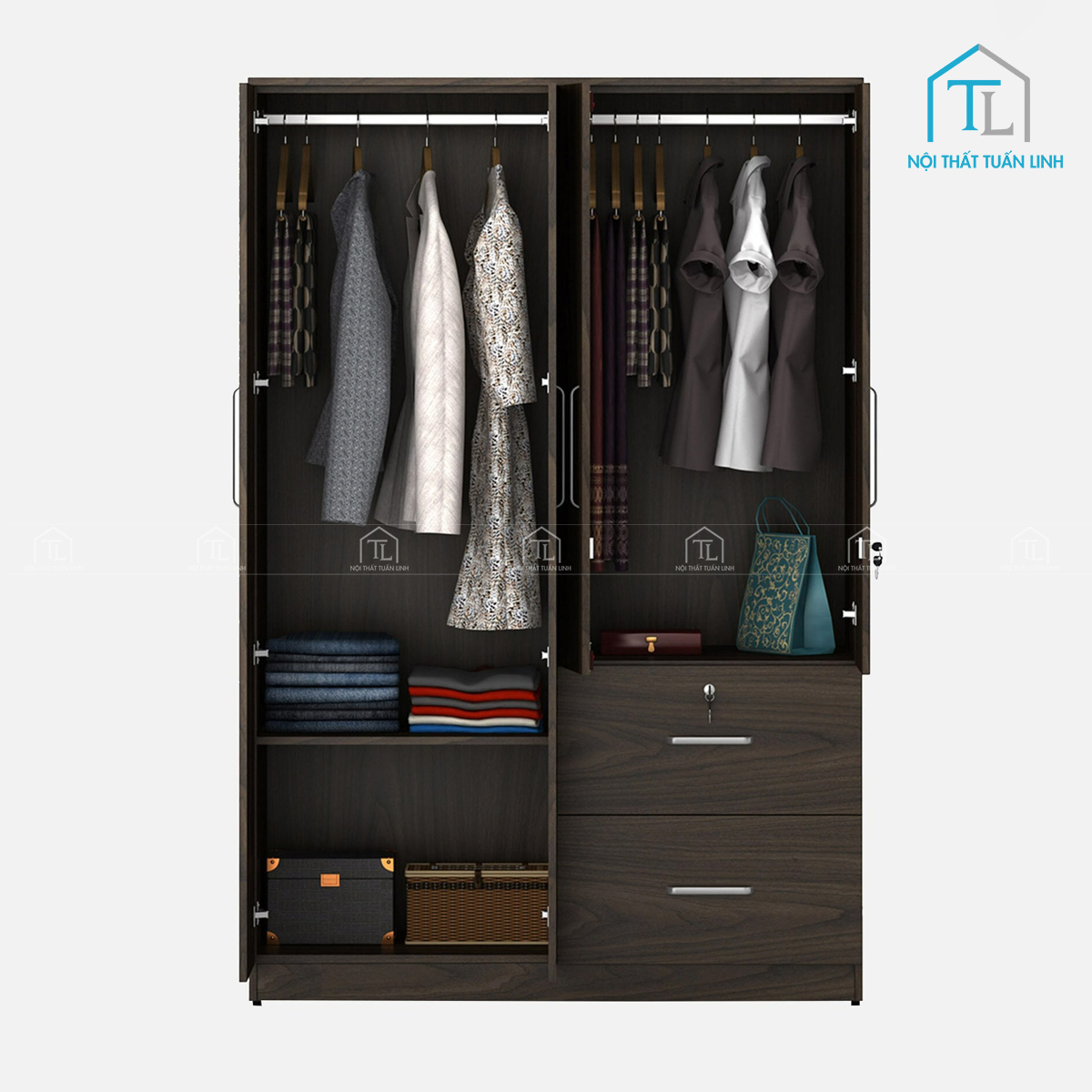 Tủ quần áo 4 cánh gỗ MDF màu óc chó có ngăn kéo