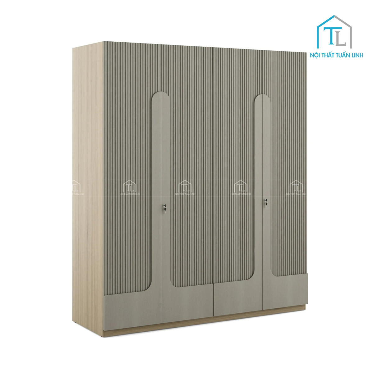 Tủ quần áo 4 cánh gỗ MDF màu sồi, thiết kế sọc đứng tinh tế