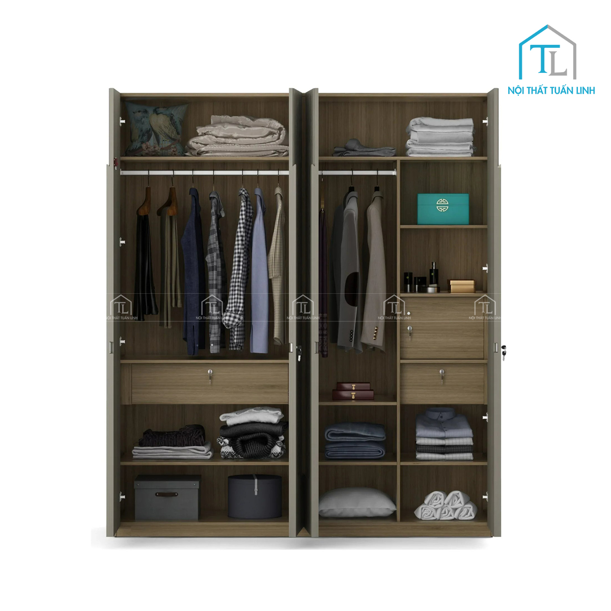 Tủ quần áo 4 cánh gỗ MDF màu sồi, thiết kế sọc đứng tinh tế