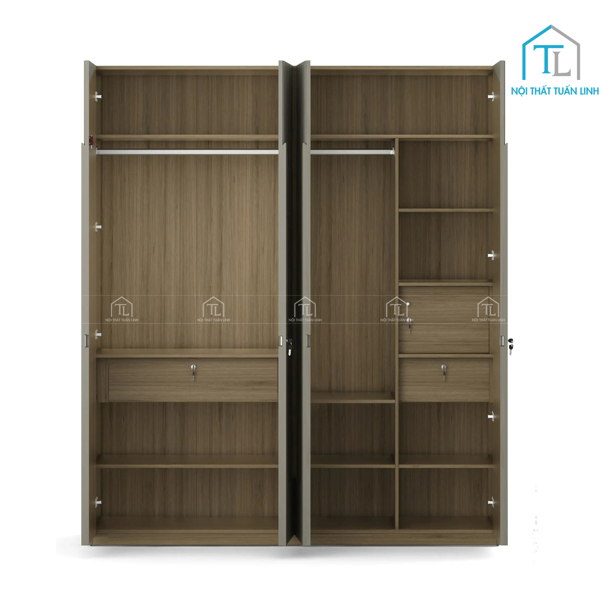 Tủ quần áo 4 cánh gỗ MDF màu sồi, thiết kế sọc đứng tinh tế