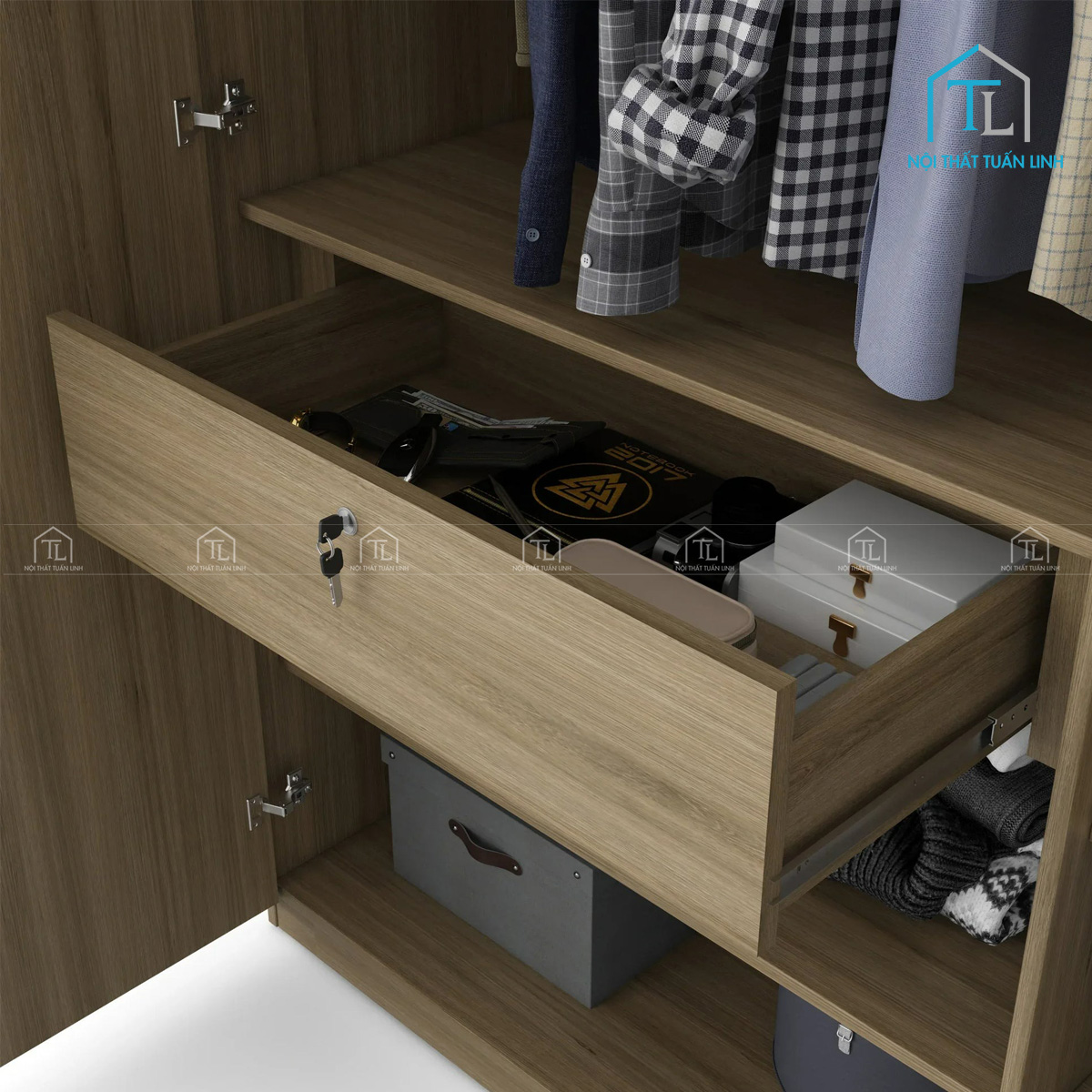 Tủ quần áo 4 cánh gỗ MDF màu sồi, thiết kế sọc đứng tinh tế