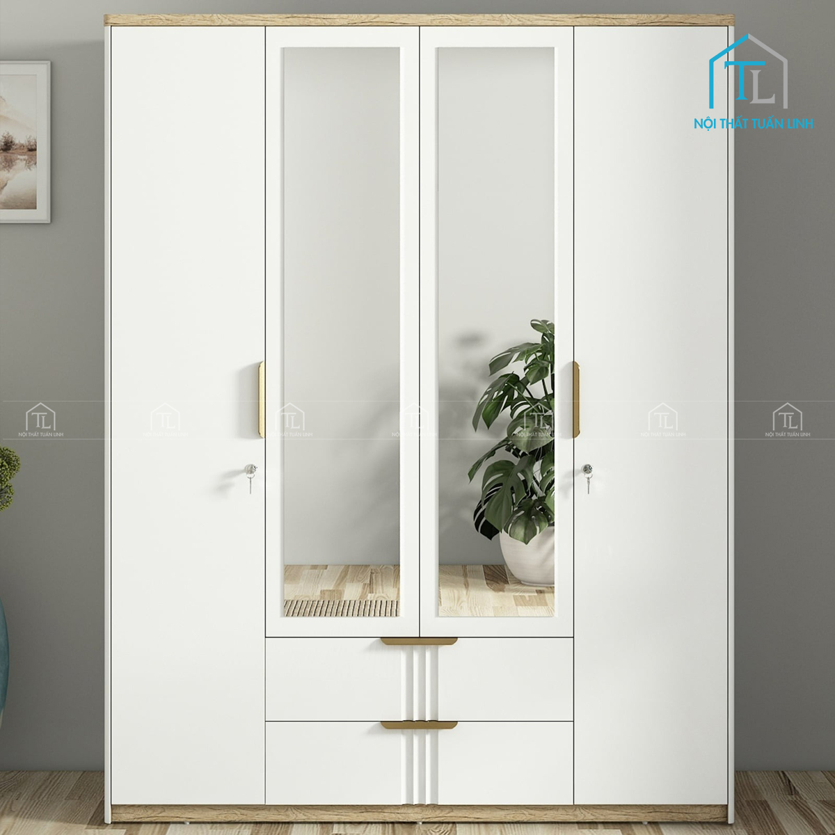 Tủ quần áo 4 cánh gỗ MDF màu trắng bóng thanh lịch, hiện đại