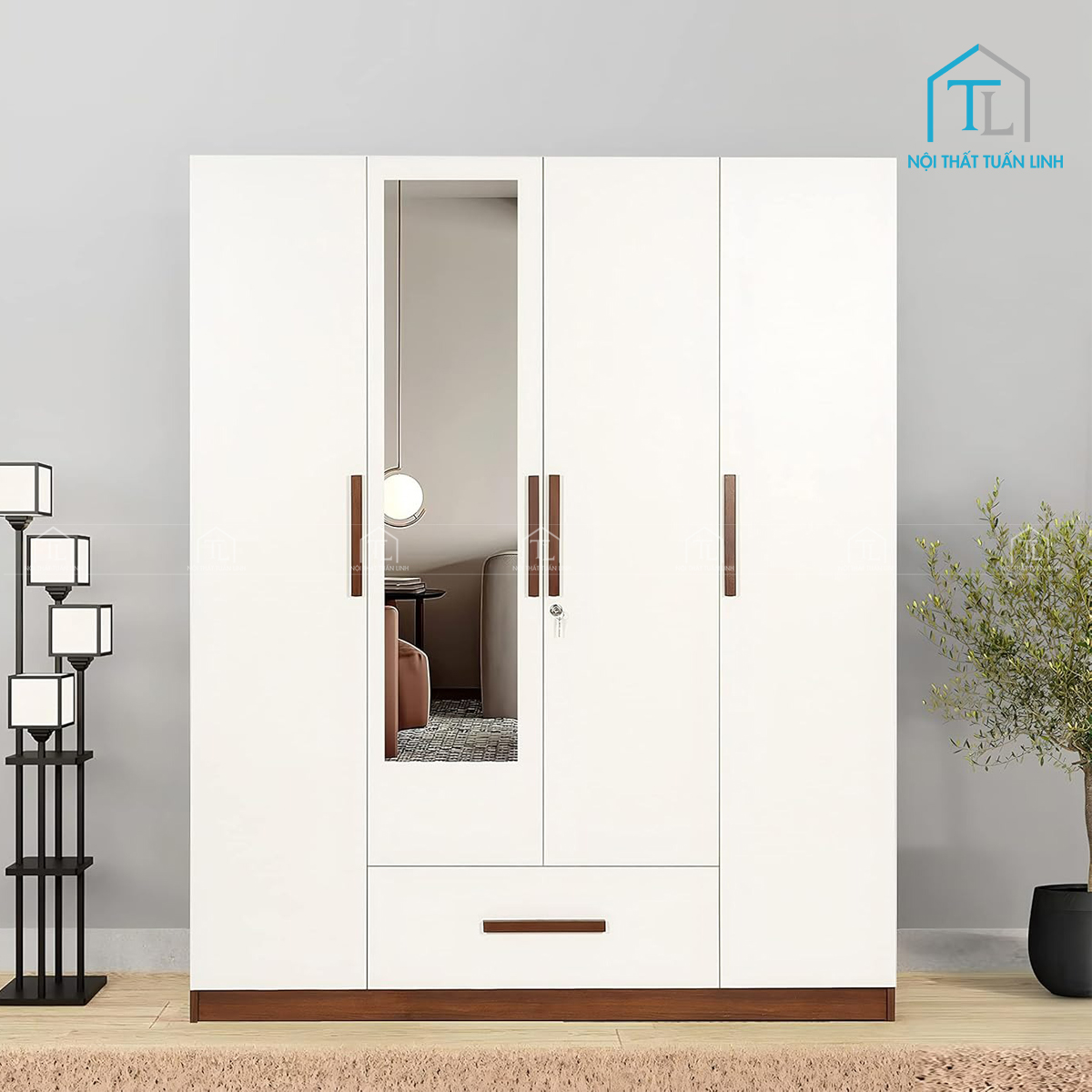 Tủ quần áo 4 cánh gỗ MDF màu trắng kết hợp gương soi hiện đại